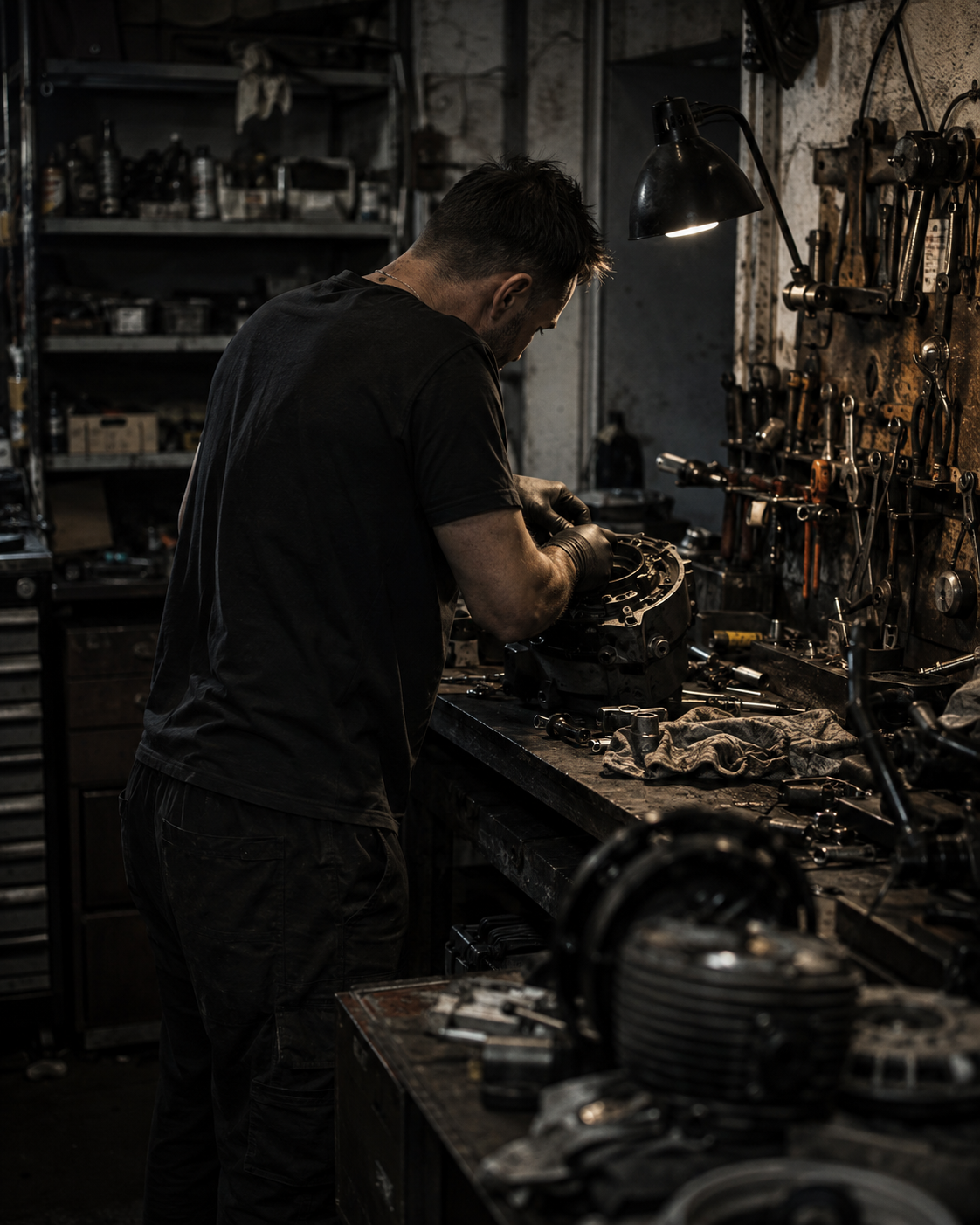 Mechanik podczas pracy przy podzespole motocykla